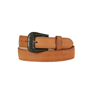 Brown leather belt with a decorative buckle