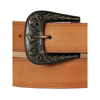 Close-up of a brown leather belt with an ornate buckle