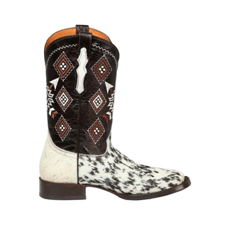 Cowboy boot with black, white, and brown pattern