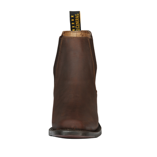 Brown leather boot with a visible brand tag