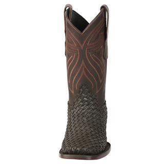 Brown cowboy boot with woven pattern