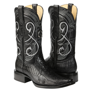 Black ostrich cowboy boots with intricate white embroidery