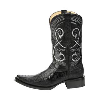 Black ostrich cowboy boot with white embroidery