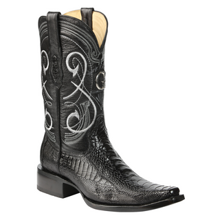 Black ostrich cowboy boot with intricate white embroidery