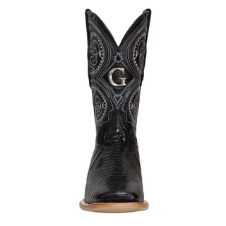 Black cowboy boot with intricate design and 'G' logo