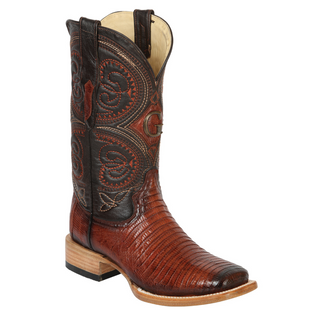 Brown cowboy boot with intricate leatherwork