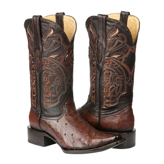 Pair of brown ostrich cowboy boots with intricate designs