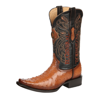 El General Men's Exotic Ostrich Leather Cowboy Boots - Cognac