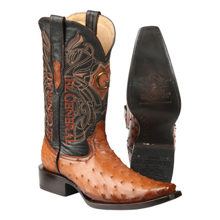 El General Men's Exotic Ostrich Leather Cowboy Boots - Cognac