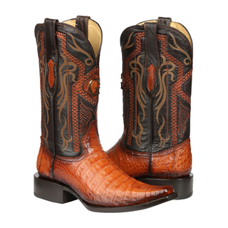 Pair of brown and black cowboy boots with intricate designs