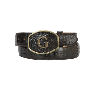 Brown embossed leather belt with silver “G” buckle. Premium western-style men’s belt.