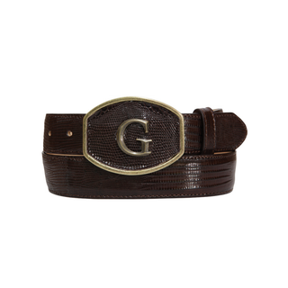 Brown lizzard-embossed leather belt with silver “G” buckle. Premium western-style