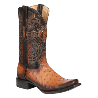 El General Men's Exotic Ostrich Leather Cowboy Boots - Cognac