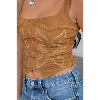 Boot Stitched Embroidered Lace-Up Western Corset Top - Tan