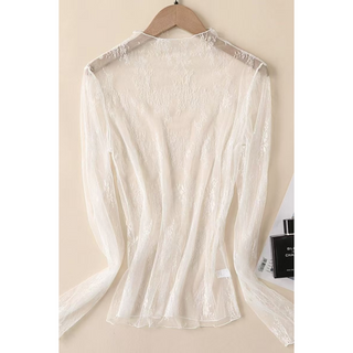 Women's White Sheer Lace Mesh Long Sleeve Top – See-Through Floral Blouse