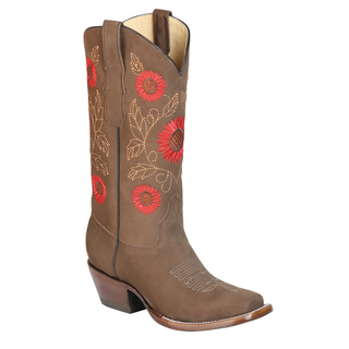 Brown cowboy boot with red floral embroidery