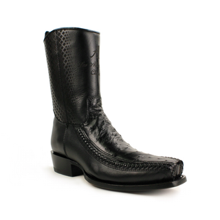 Black leather boot with detailed stitching on a white background