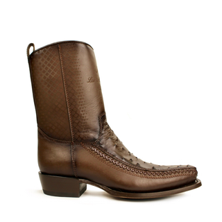 Brown genuine ostrich leg and leather square toe cowboy boot for men with handcrafted detailing