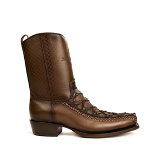 Tabacco Pirarucu fish skin and leather semi square toe cowboy boot for men by Los Altos