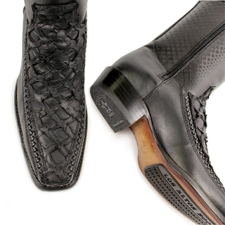 Pair of Black Pirarucu fish skin and leather semi square toe cowboy boot for men by Los Altos