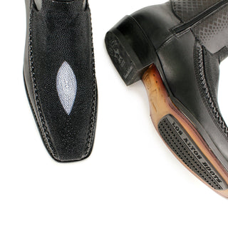 Close-up of pair Black stingray and leather square toe cowboy boot for men by Los Altos