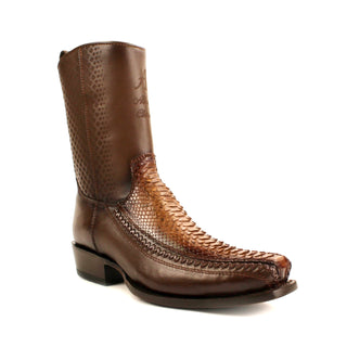 Men's exotic python and leather cowboy boot with brown semi square toe western design