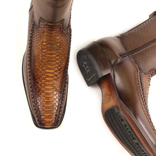 Men's exotic python and leather cowboy boot with brown semi square toe western design