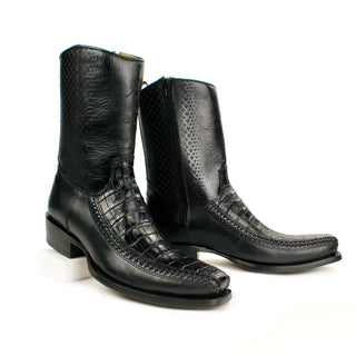 Pair of Handcrafted men's black exotic caiman belly leather cowboy boot with western square toe design