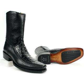 Pair of Handcrafted men's black exotic caiman belly leather cowboy boot with western square toe design