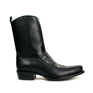Handcrafted men's black exotic caiman belly leather cowboy boot with western square toe design