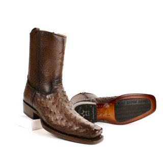 Pair view of sleek semi square toe, premium leather shaft with detailed pattern embossing, and an exotic ostrich leg vamp