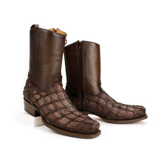 Exotic Pirarucu fish skin on the vamp with smooth leather on the shaft