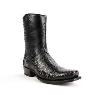 Genuine caiman belly leather with a smooth cowhide upper, these boots feature a bold semi square toe and traditional hand-stitched detailing