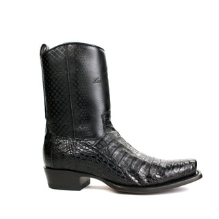 Genuine caiman belly leather with a smooth cowhide upper, these boots feature a bold semi square toe and traditional hand-stitched detailing