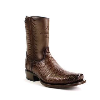 Genuine caiman belly leather with a smooth cowhide upper, these boots feature a bold semi square toe and traditional hand-stitched detailing