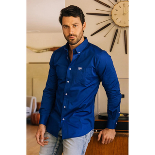 Platini Men's Single Pocket Logo Modern Fit Stretch Dress Shirt - Royal Blue
