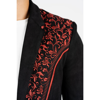 Platini Men's Black/Burgundy Embroidered Suede Blazer