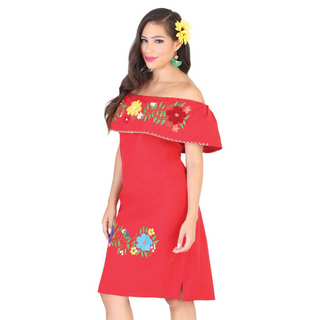 Off the Shoulder Mexican Ranchera Dress - Red