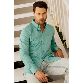 Platini Men's Single Pocket Logo Modern Fit Stretch Dress Shirt - Turquoise