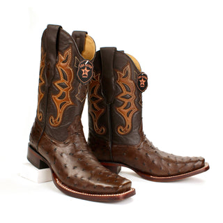 Pair of Los Altos full quill ostrich cowboy boot with square toe and stitched leather shaft