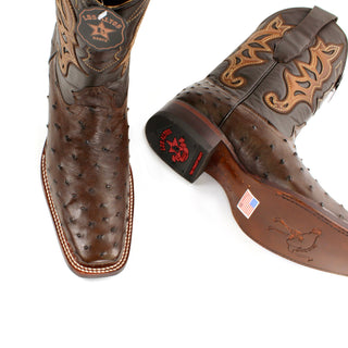 Pair of Los Altos full quill ostrich cowboy boot with square toe and stitched leather shaft