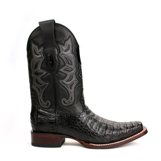 Genuine caiman belly leather with a smooth cowhide upper, these boots feature a bold square toe and traditional hand-stitched detailing