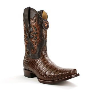 Genuine caiman belly leather with a smooth cowhide upper, these boots feature a bold square toe and traditional hand-stitched detailing