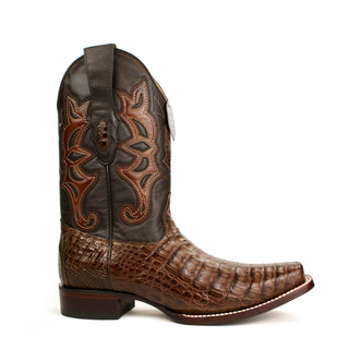 Genuine caiman belly leather with a smooth cowhide upper, these boots feature a bold square toe and traditional hand-stitched detailing