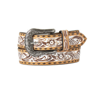 Angel Ranch Ladies Floral Tooled Belt- White & Tan