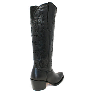 Back side view of Artillero women’s black cowboy boot with 16 inch shaft, embroidery, snip toe, and 2.5 inch heel