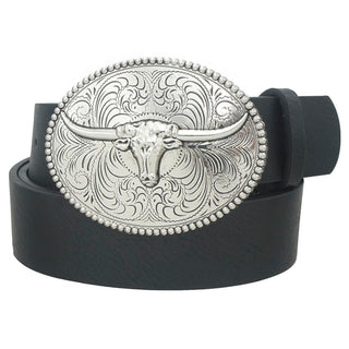 Black vegan leather Western belt with large silver oval longhorn buckle and engraved scroll design – cowboy belt accessory