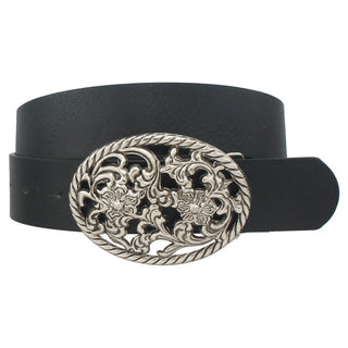 Black vegan leather Western belt with ornate silver oval floral buckle – classic cowboy style accessory