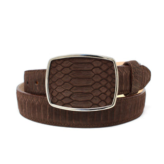 Brown genuine leather belt with an embossed exotic texture and silver rectangular buckle, stylish western men’s accessory