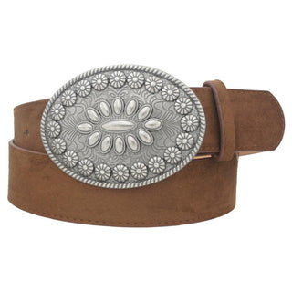 Brown vegan leather Western belt with antique silver oval engraved floral buckle – cruelty-free suede-look cowboy accessory